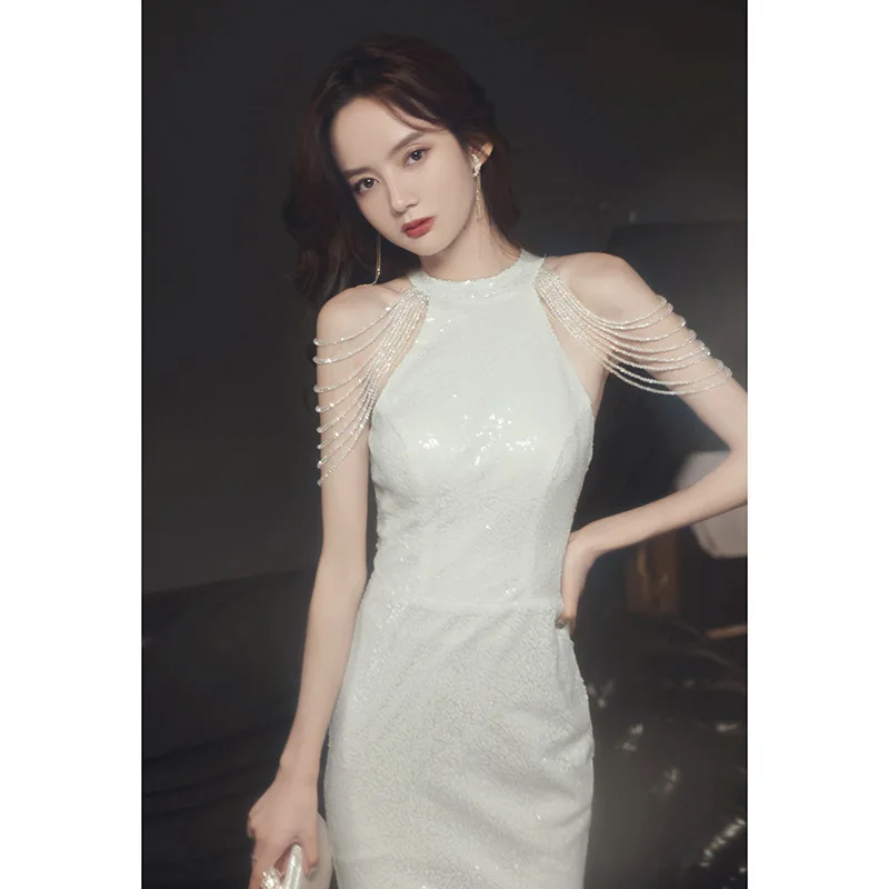 

White Sequins Hanging Neck Evening Dress 2025 Tassel Fishtail Banquet Customization Formal Dress Women Elegant Party Dresses
