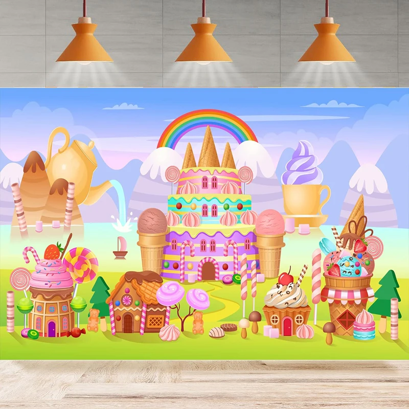 

Candyland Lollipop Photography Backdrop Lovely Sweet Cartoon Castle Rainbow Ice Cream Colorful For Girls Decoration Background