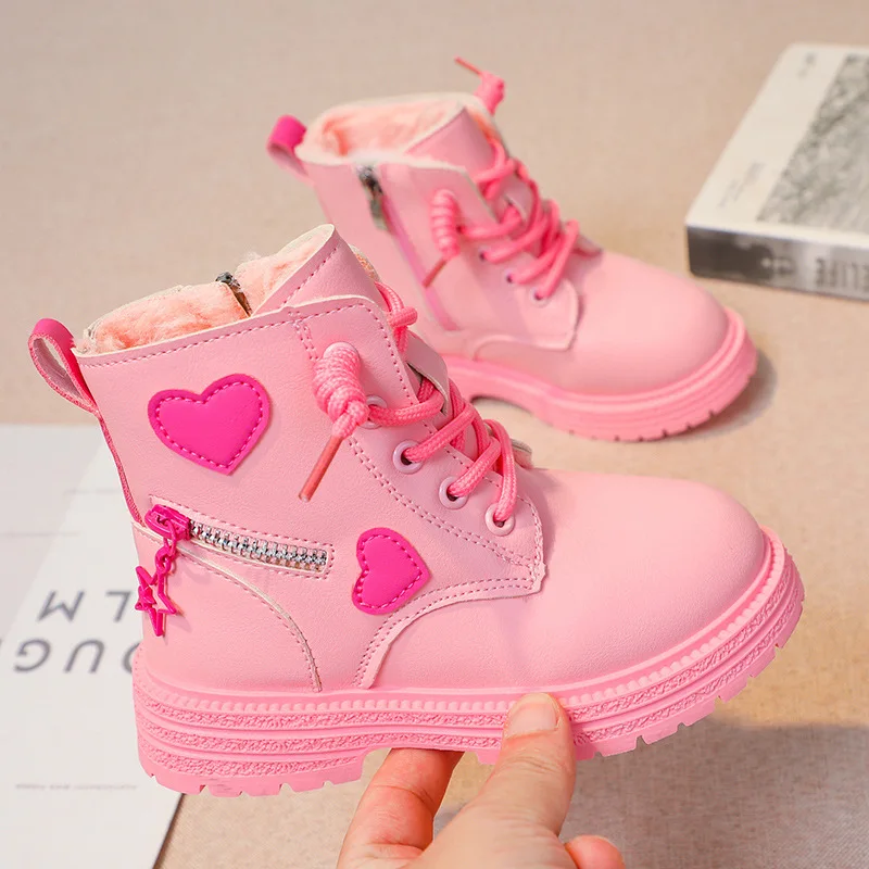 Girls Ankle Boots Fashion Princess PU Leather Rubber Outsole Children\'s Short Boots Autumn Winter Zipper Pink with Love Heart