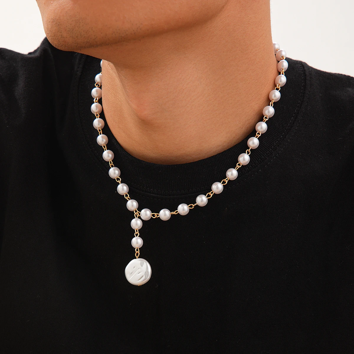 SHIXIN Vintage Irregular Imitation Pearl Choker Necklace for Men Trendy Long Tassel Chain Necklace Male Jewelry Neck Accessories