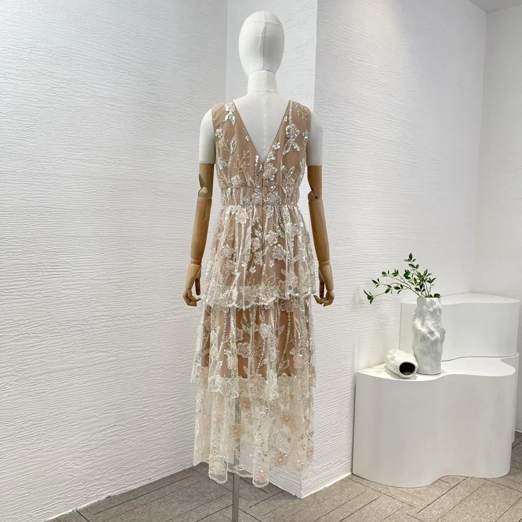 Spring Summer 2024 Embroidery Shining Nude Floral Sequined Sleeveless V-neck Stacked Ruched Women Midi Dress for Party