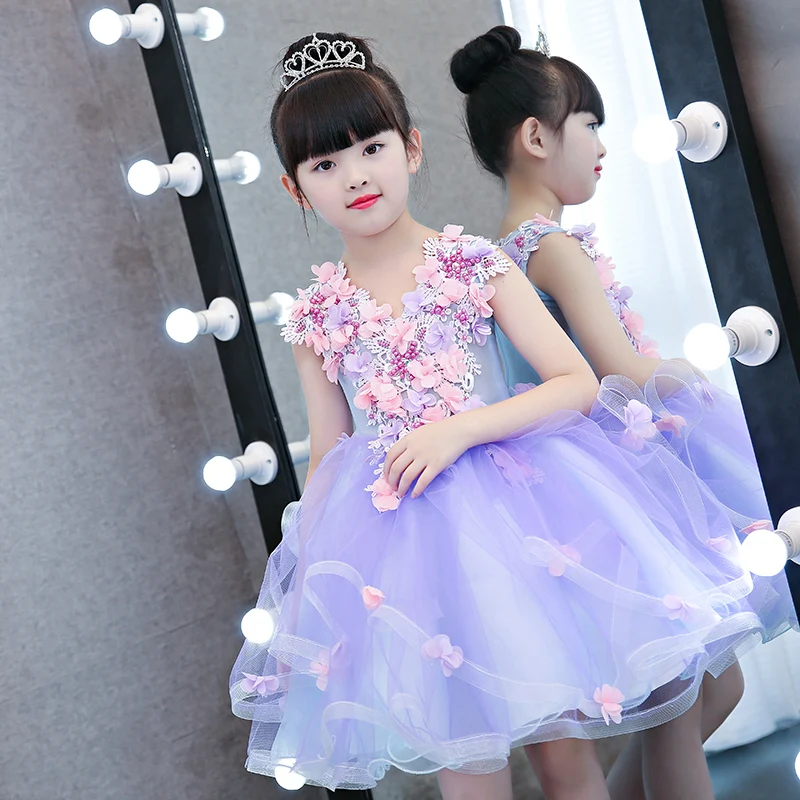 

Flower Girls Dress V-Neck Sleeveless Appliques Tiered Ball Gowns Girl Pageant Party Princess Dress Performance Dress