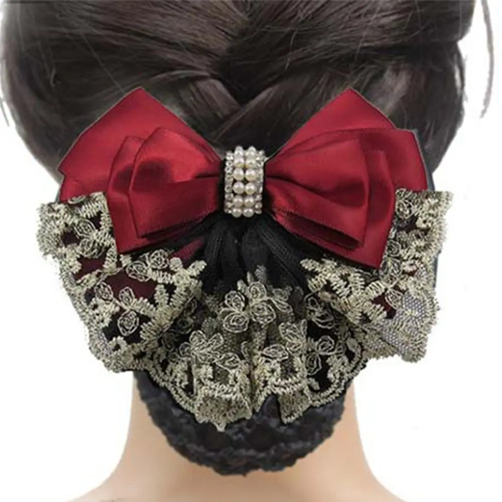 Lace Fashion Professional Lady Hair Accessories Flight Attendant Floral Lace Bow Hair Net Hairgrips Hair Clip Lace Bow