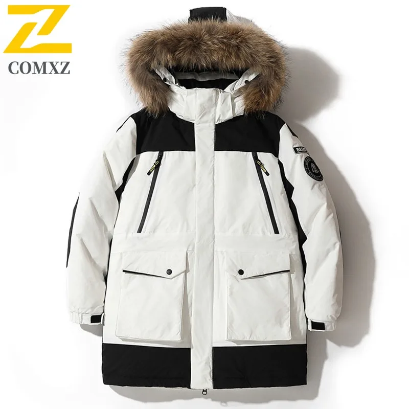 

COXMZ 90% White Duck Down Coat Male Winter Casual Thick Warm Fur Collar Down Jacket Outdoor Tooling Multi-pocket Long Ski Parka