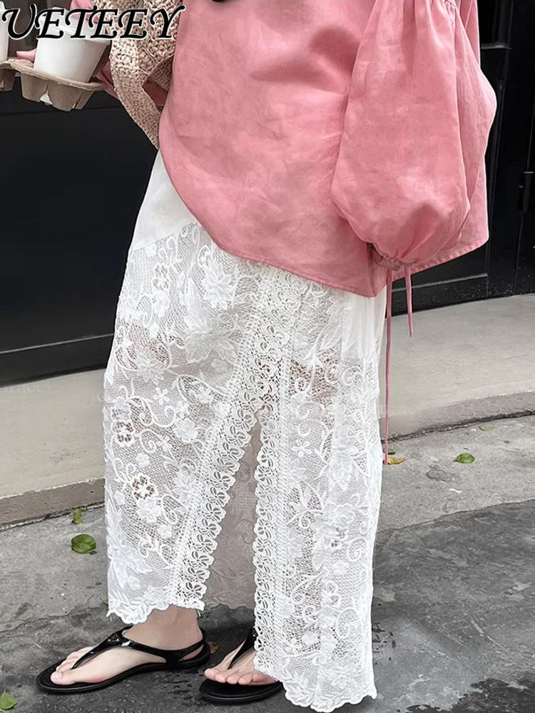 

Summer New French Retro Heavy Industry Lace Splicing Long Skirt Versatile White High Waist Slit Lace Maxi Skirts for Women