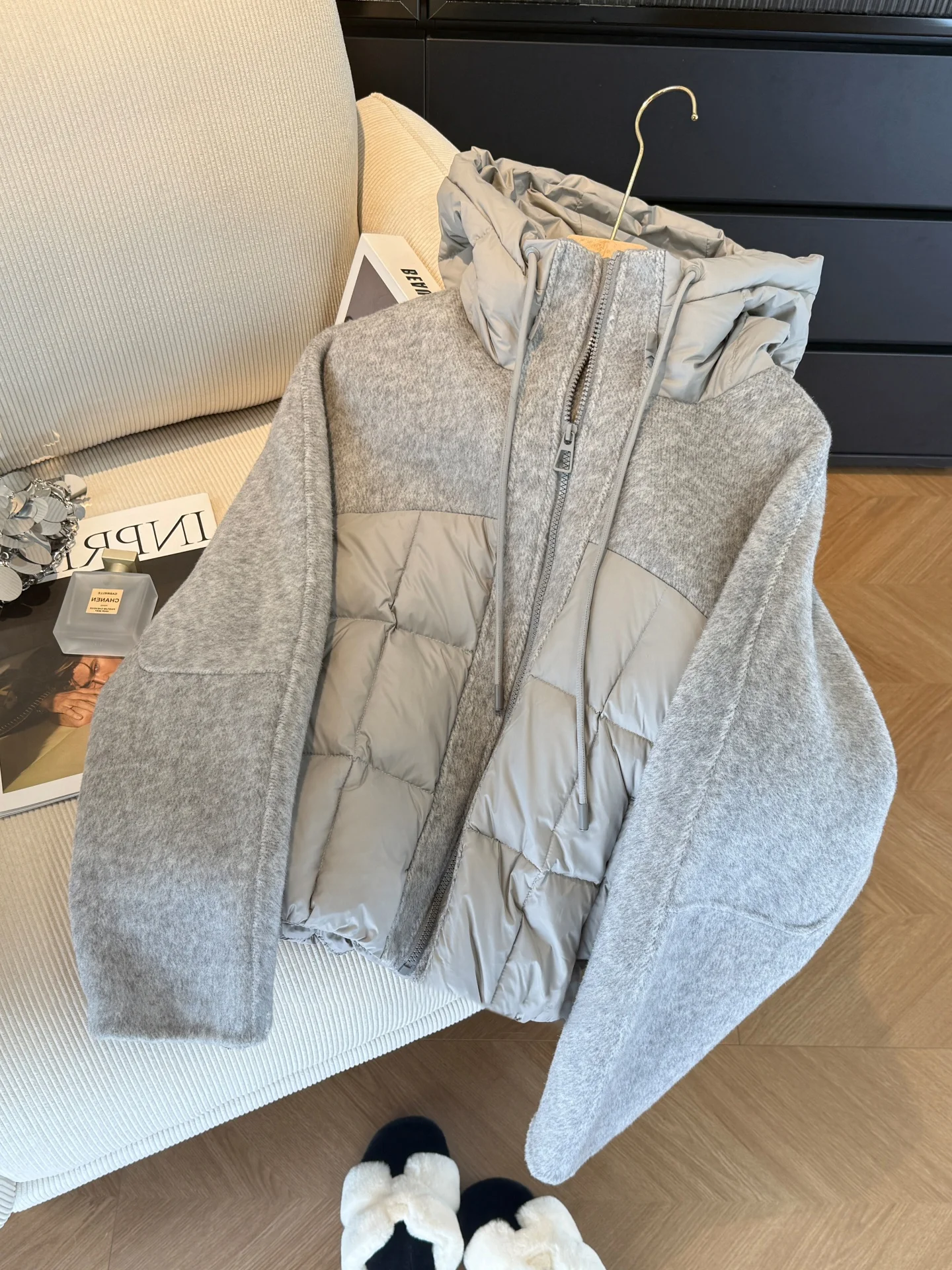 Gray Tweed Casual Cotton Jacket Men's Women's Autumn Winter Design Sense Warm Loose Coat Splicing Hat Design Long Sleeve Zipper
