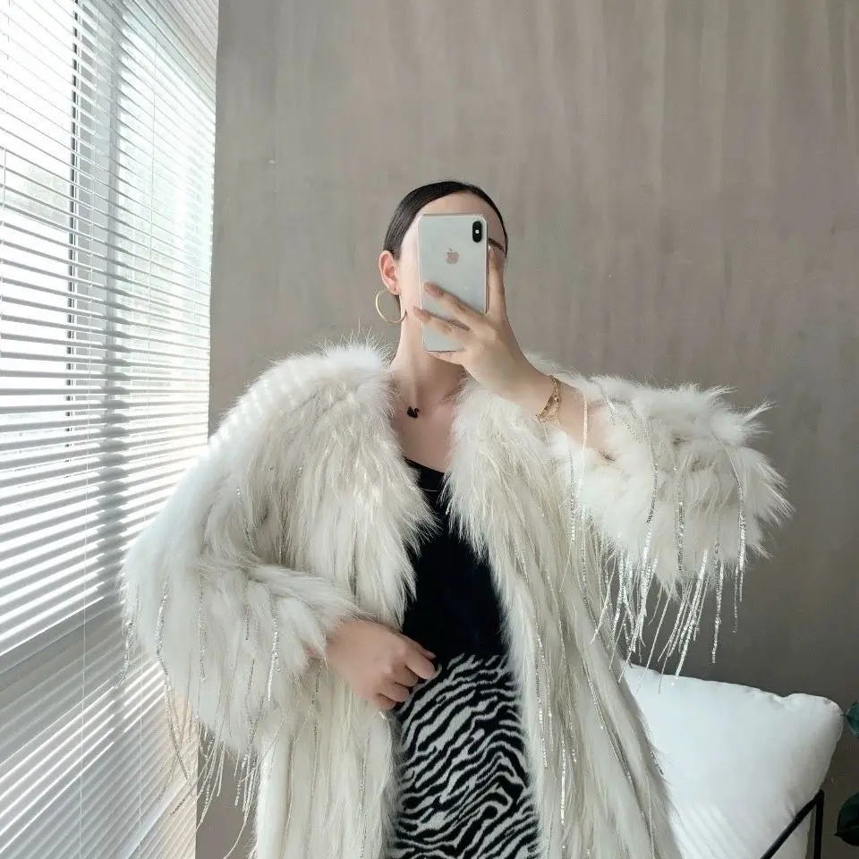 2024 Winter Fashion Faux Raccoon Fur Coat Women  Warm Feather Coats Long Outercoat Lady Party Elegant Outfits New QY14