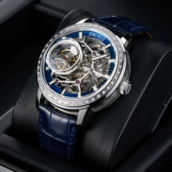 OBLVLO Men Mechanical Watches Genuine Leather Diamond Bezel Skeleton Dial Tourbillon Manual-Wind Watches