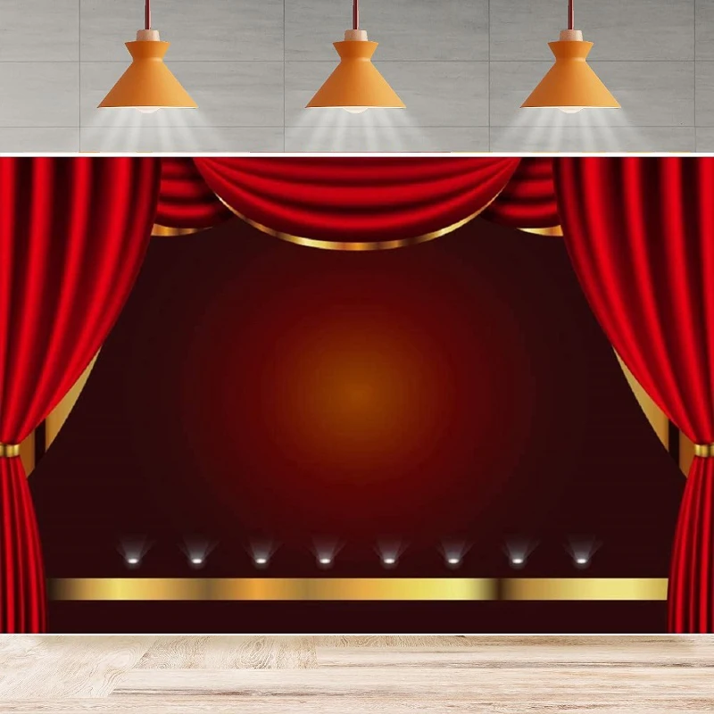 Stage Photography Background Red Curtain Gold Lace Dance Music Performance Act Out Theater Drama Show Party Backdrop Wall Banner