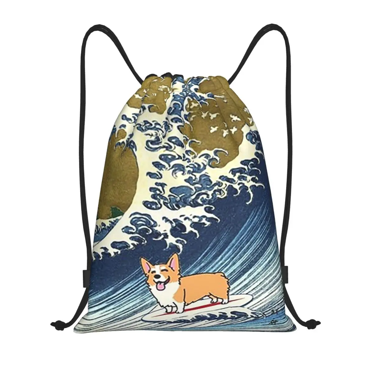 

Corgi Dog Surfing The Great Wave Backpacks Portable Drawstring Bags Sports Bag Book Bags for Man Woman School