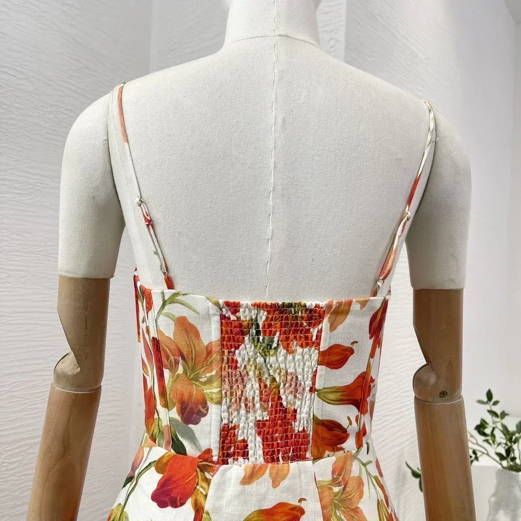 Robe mi-longue rouge à imprimé floral pour femme, robe mi-longue pour les vacances, haute qualité, rétro, fibrisole, fermeture éclair, taille froncée, été, 2024