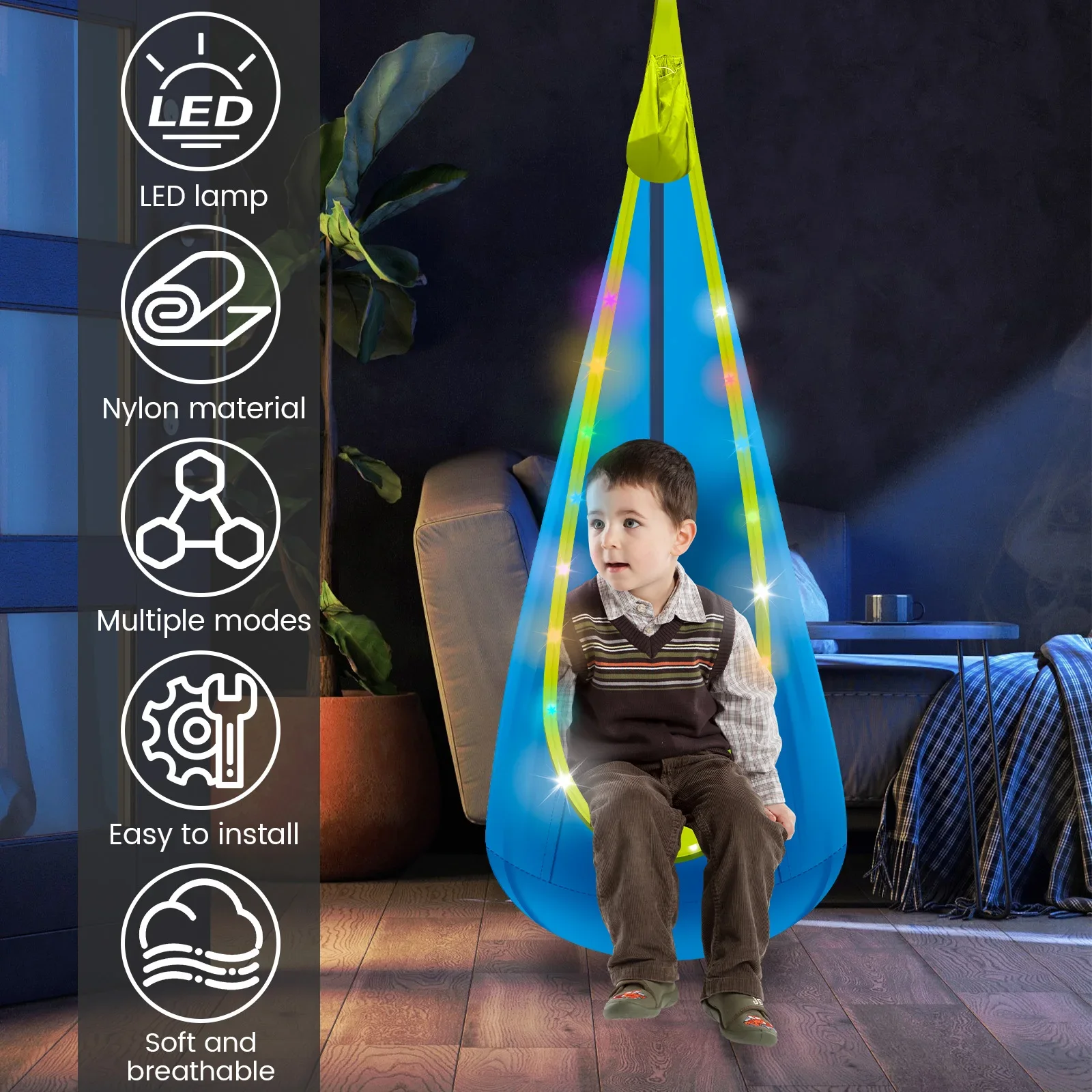 Pod Swing Seat With LED Light Strip Adjustable Comfortable Inflatable Hanging Hammock Versatile Light up Pod Indoor and Outdoor