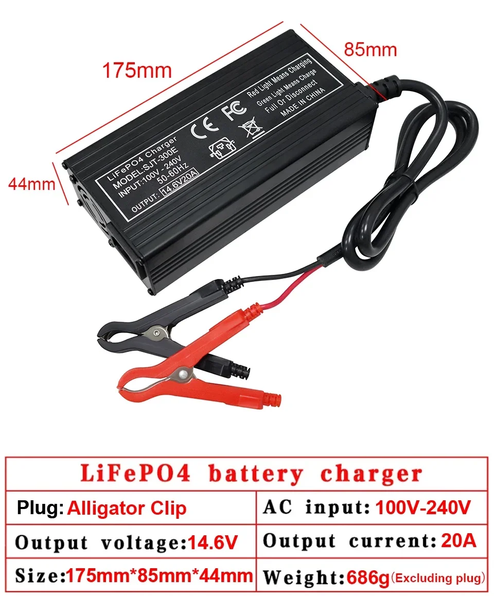 12V 20A Lifepo4 Smart Charger 110-220V 4S 14.6V 20A High Power Charger for 12.8V Lifepo4 Battery Pack with Fan Aluminum Case