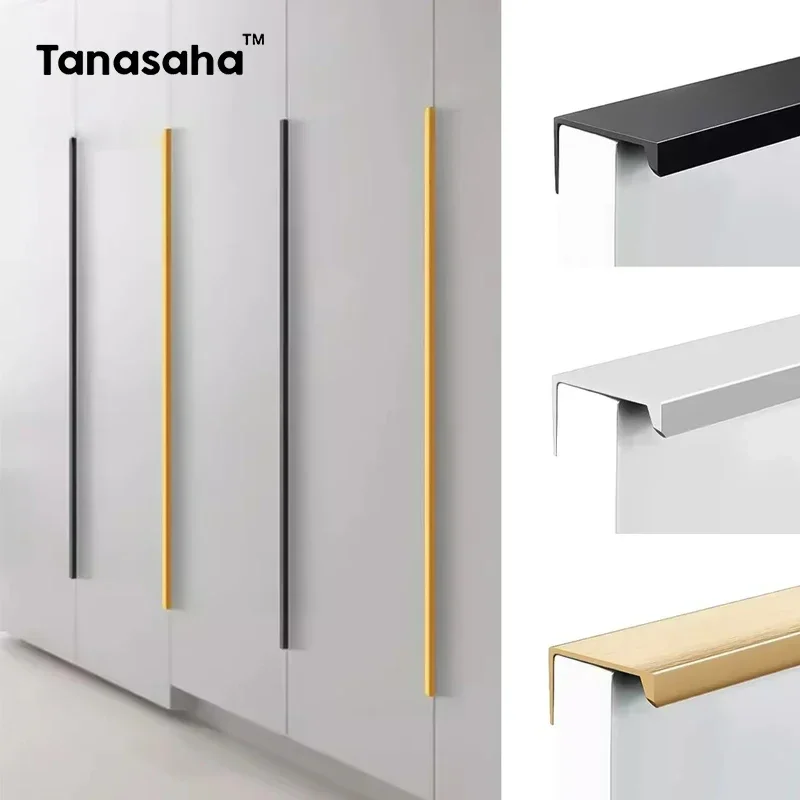 Hidden Furniture Handles Matte Black Gold Silver Kitchen Cabinet Pull Wardrobe Pull Not punched Handles for Cabinets and Drawers