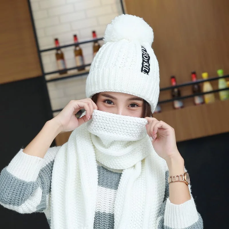 Winter Knitted Scarf Hat Set Thick Warm Skullies Beanies Hats for Women Outdoor Cycling Riding Ski Bonnet Caps Scarf