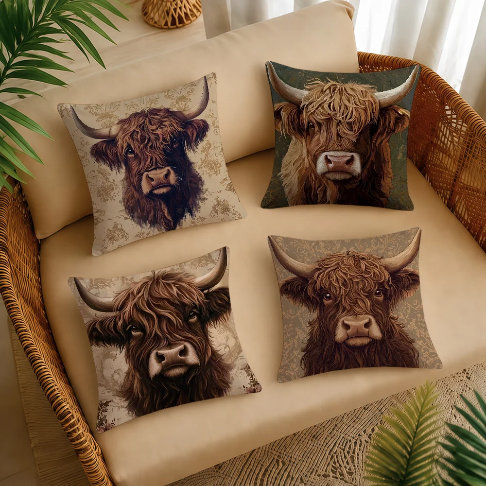 Vintage Highland Cow Cushion Cover Square Decorative Throw Pillow Case Sofa Bed Living Room Anniversary Gifts