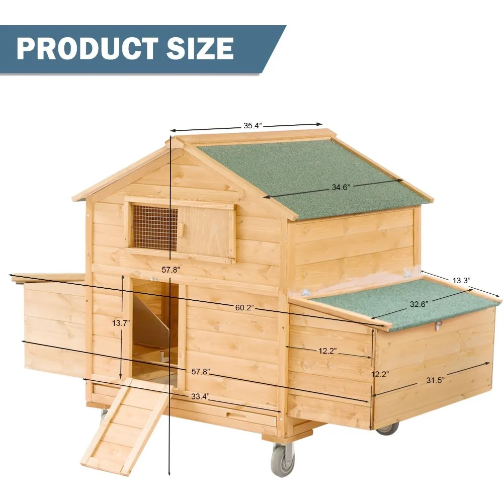 Large Chicken Coop with Wheels, Waterproof Outdoor Hen House for 6-8 Chickens, Movable Chicken House with Two Nesting Box