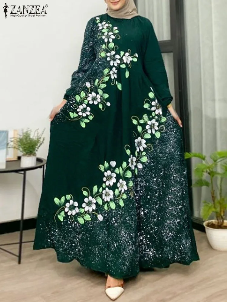 2024 ZANZEA Vintage Women Spring Floral Printed Maxi Sundress Dubai Turkey Abaya Hijab Dress Marocain Muslim Dress Robe Femme