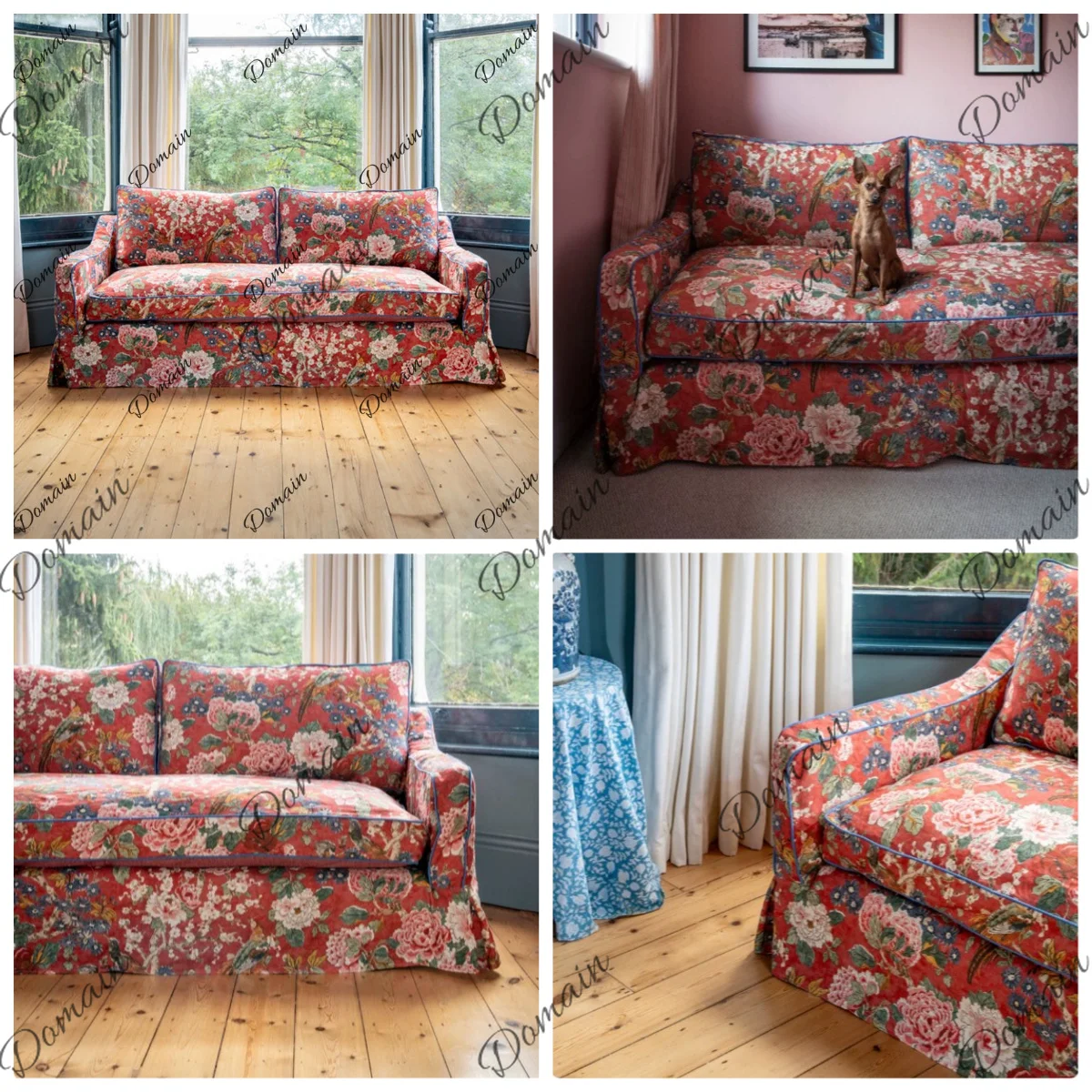 French pastoral fabric sofa small bungalow living room three people American retro peony print straight sofa