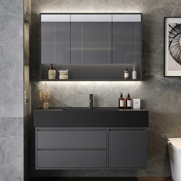 

Bathroom Cabinet Large Basin Combination Washbasin Bathroom Rock Integrated Solid Wood Simple Intelligent Mirror Room Furniture