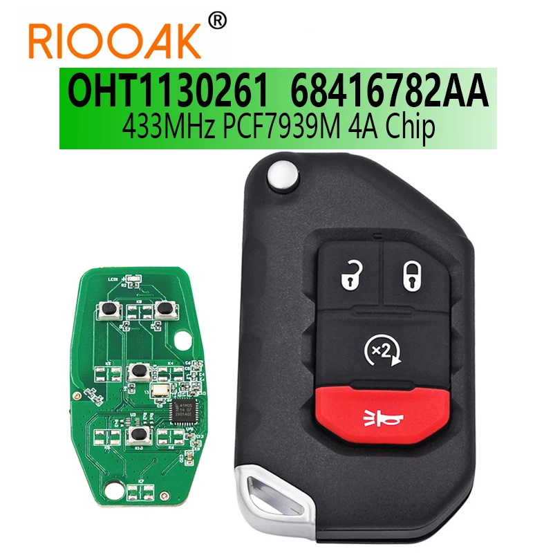 

FCC: OHT1130261 68416782AA 433MHz PCF7939M 4A Chip Keyless Smart Remote Key Fob 4 Button for Jeep Wrangler JL 2018 2019