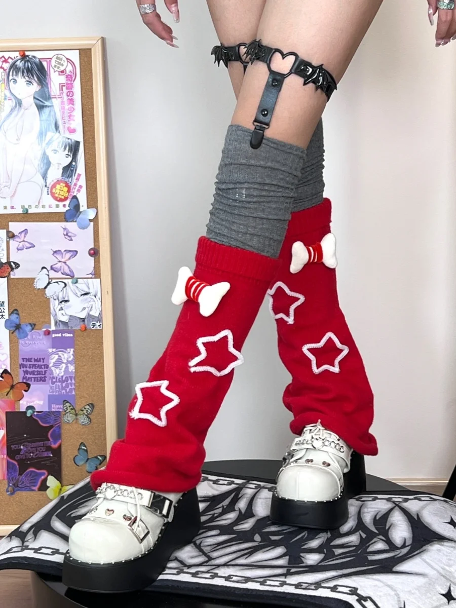 Tube Socks Women's Thickened Warm Solid Color Stitching Embroidery  Casual Knitted Cotton Foot Sock Red Four Seasons Universal