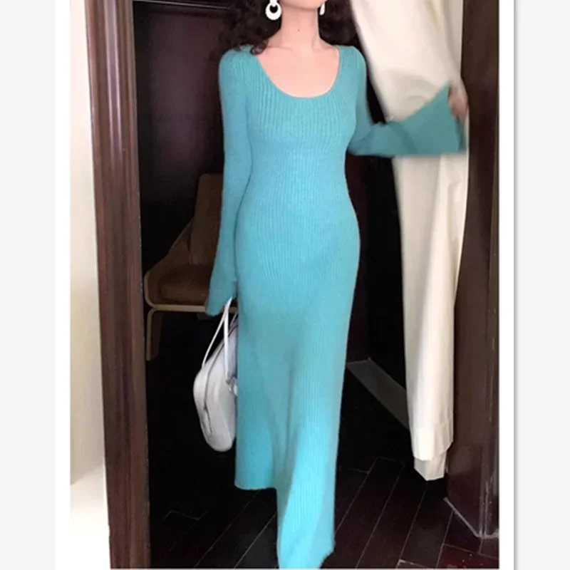 

New Elegant Knitted Sweater Dress Women Autumn Winter Solid Color O-Neck Flare Sleeve Fashion Slim Long Dresses Vestidos Robes