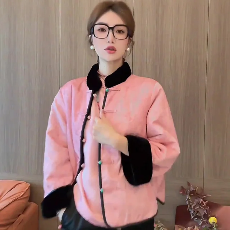 

Двустороннее хлопковое пальто в китайском стиле, черно-розовое двустороннее хлопковое пальто, осень-зима, новая бархатная женская куртка на пуговицах-лягушке, верхняя одежда с воротником-стойкой