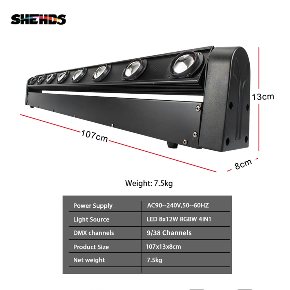 SHEHDS HOT Sale Perfect LED Beam Moving Head Light Sound Bar 8x12W RGBW Stage Lighting DMX512 DJ Equipment Free&Fast Shipping