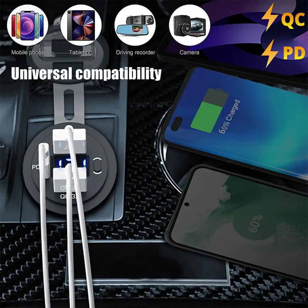 

Car Charger Socket 12V/24V Dual USB Outlet PD3.0 & QC3.0 Voltmeter DIY ON/Off with Car Port USB LED Switch Socket and Car L0D6