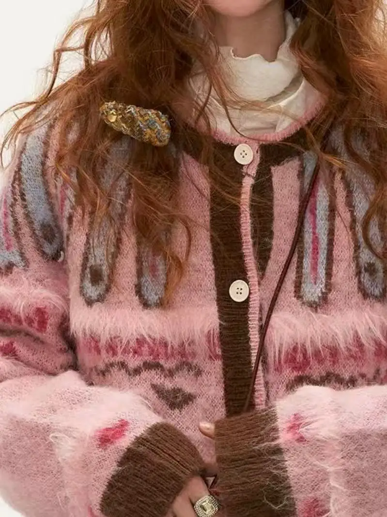 

Розовый вязаный кардиган Fair Isle, женский осенне-зимний 2022, ленивый нежный винтажный свитер с цветочной вышивкой, верхняя одежда, Новое поступление