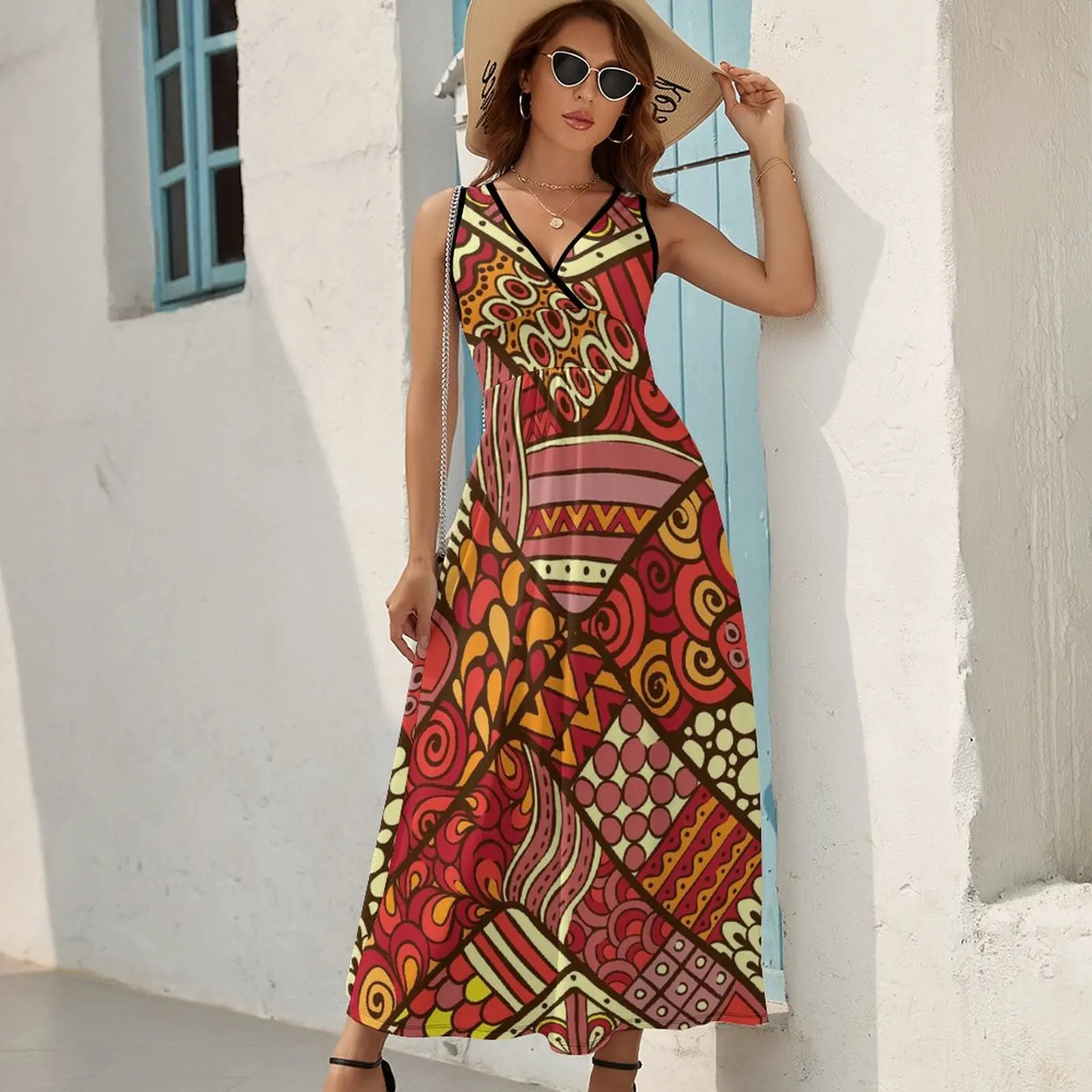 Abstract Tribal Dress Red Patchwrok Print Kawaii Maxi Dress V Neck Custom Boho Beach Long Dresses Aesthetic Big Size Vestido