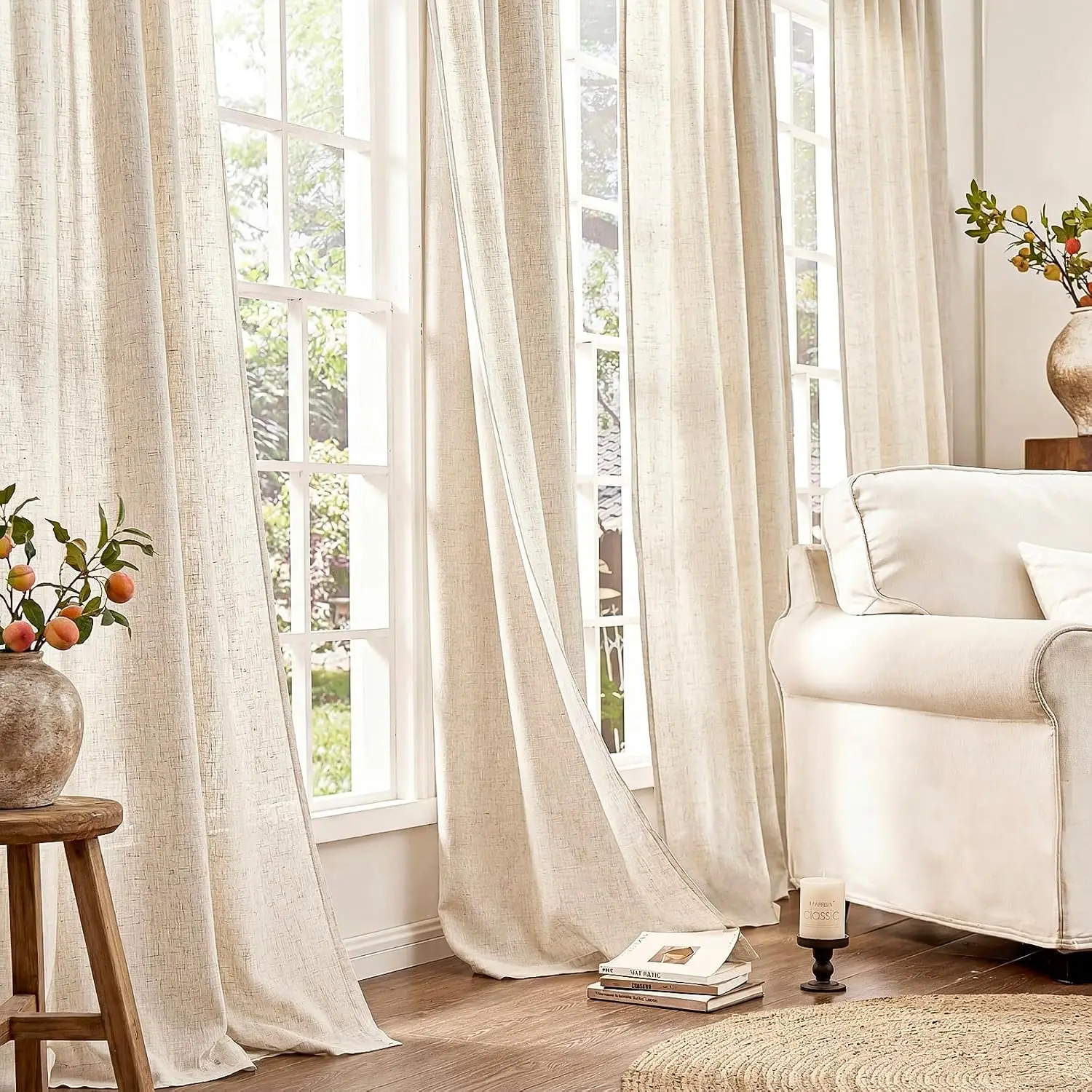 1pc Natural Linen Semi Sheer Curtains,Bedroom,Light Filtering, Lightweight,,Jacquard Weave,Living Room