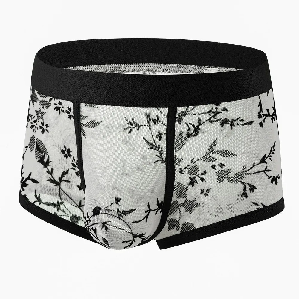 1pc Men's Thin Mesh Sheer Boxer Shorts Bulge Pouch Print See Through Plus Size Underwear Breathable Comfortable Underpants