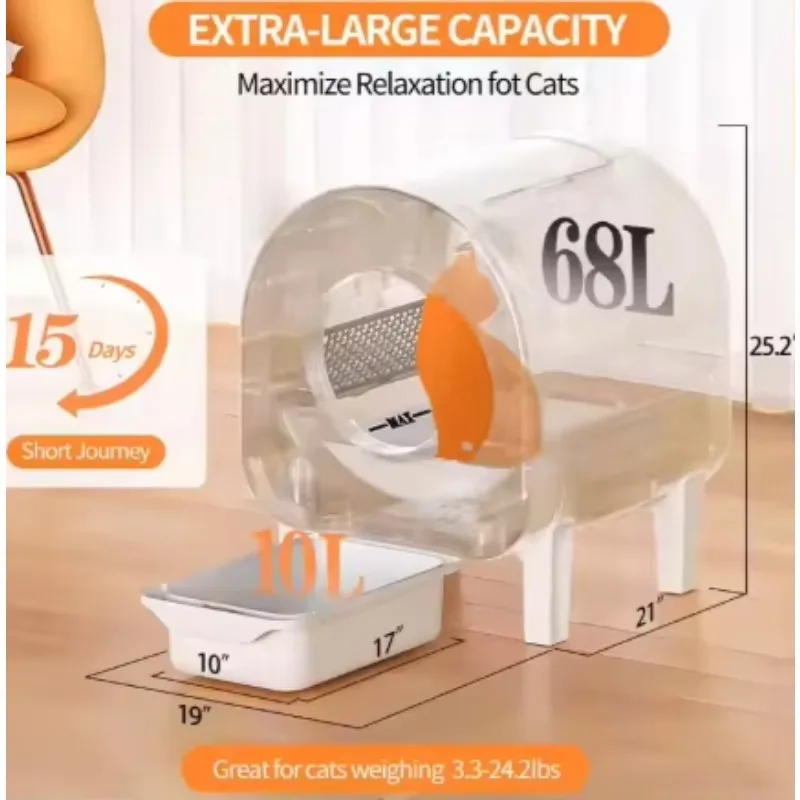 2026 New68L Large Capacity Automatic Litter Box, Low Noise & Deodorization System for Multiple Cats
