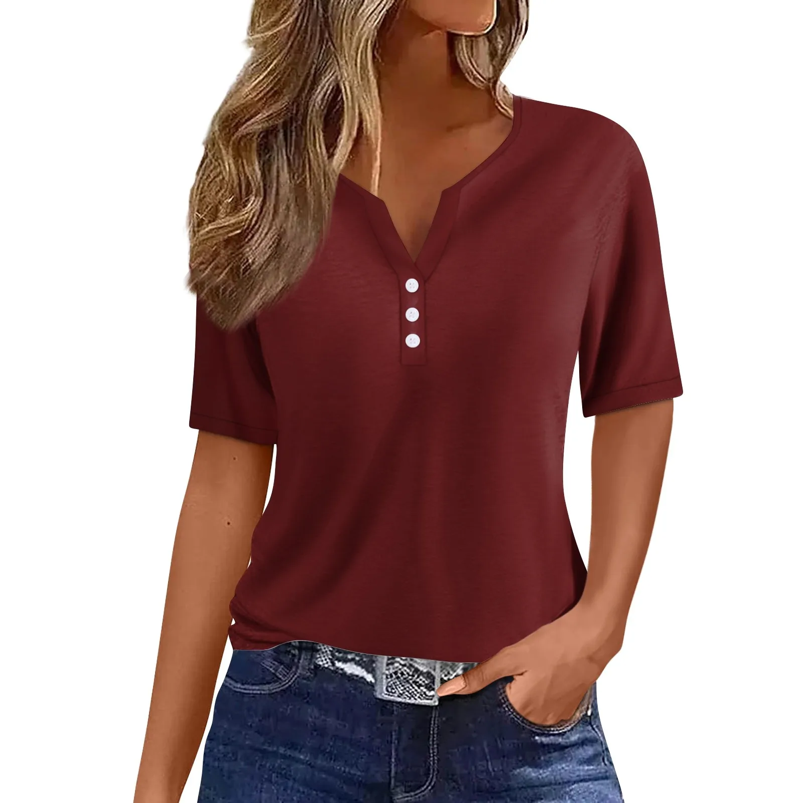 

2025 Summer Women's Fashion Casual Solid Color T-shirt Gradient Color V-neck Short Sleeve Decorative Button T-shirt Top
