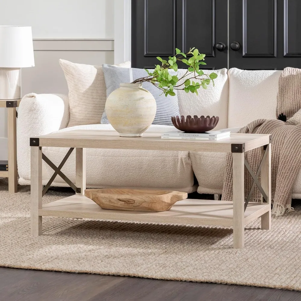 Mesa de centro Sedalia Modern Farmhouse Metal X, 40 polegadas, carvalho branco