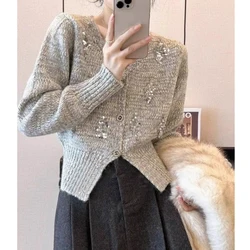 Women Clothing Korean Fashion Sequins Chic Single Breasted Knitted Cardigan Solid V Neck Long Sleeve Slim Soft Sweater Outerwear
