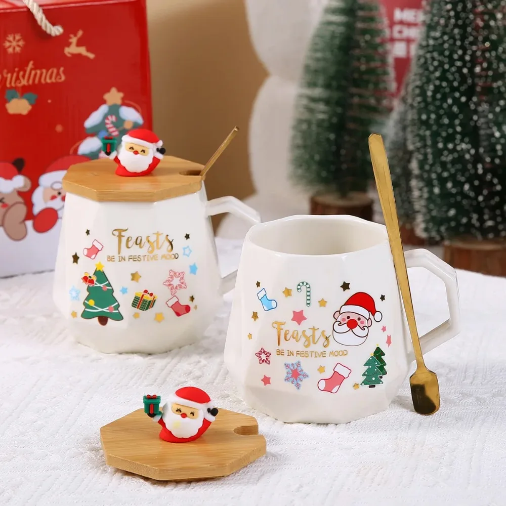 Weihnachtsgeschenkset: Keramikbecher mit Deckel, Löffel-Set, Becher-Geschenkbox mit Weihnachtsmann für den Büro- oder Heimgebrauch, Kaffeetassen