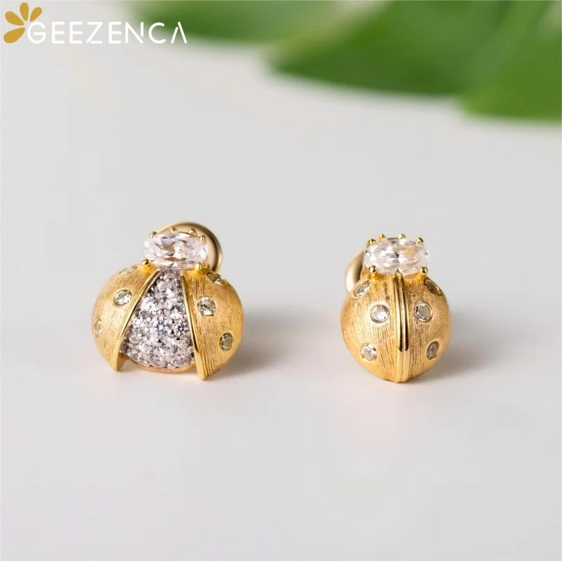 GEEZENCA Sparkling Cubic Zirocnia 925 Silver 18K Gold Brushed Ladybug AB Asymmetric Stud Earrings Women Dainty Trendy Earring