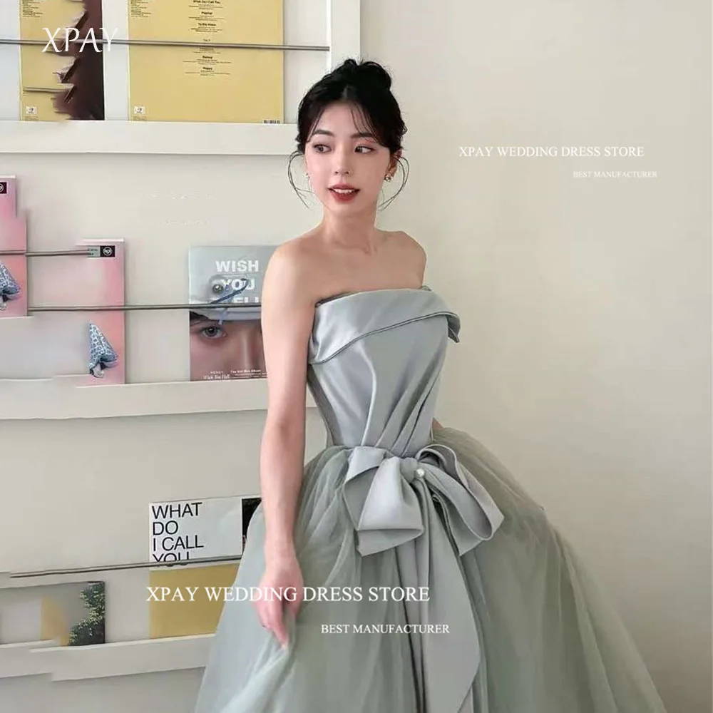 

XPAY Elegant Strapless Pearl Bow Evening Dresses Korea Wedding Photo shoot Satin and Tulle Bridal Gowns Corset Back Customized