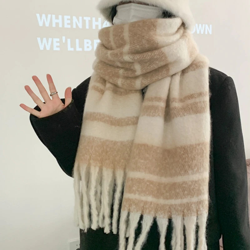 

Winter Thickened And Warm Women's Ins Fashion Versatile Mohair Scarf Plaid Striped Outdoor Snowy Light Color Scarf Shawl