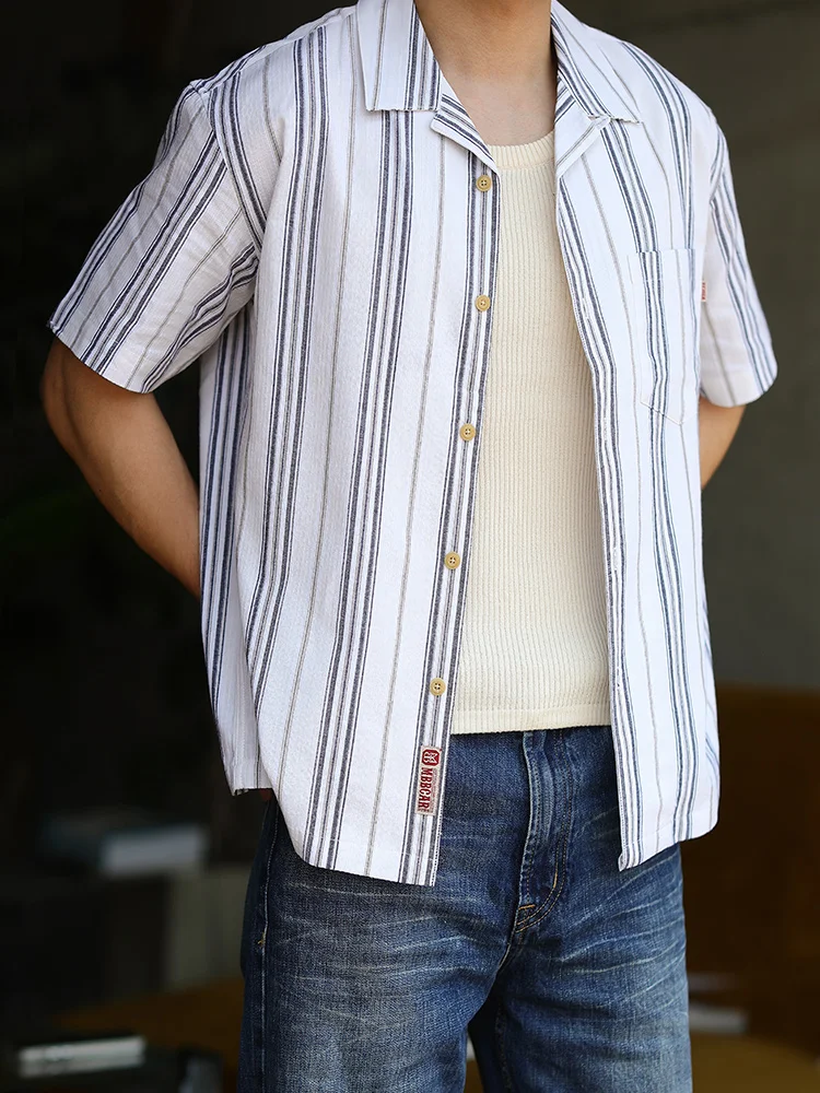 

Мужская летняя рубашка MBBCAR Slim Fit с кубинским воротником, коротким рукавом, в американском повседневном стиле, гавайская, с полосатым дизайном, молодежная, популярная
