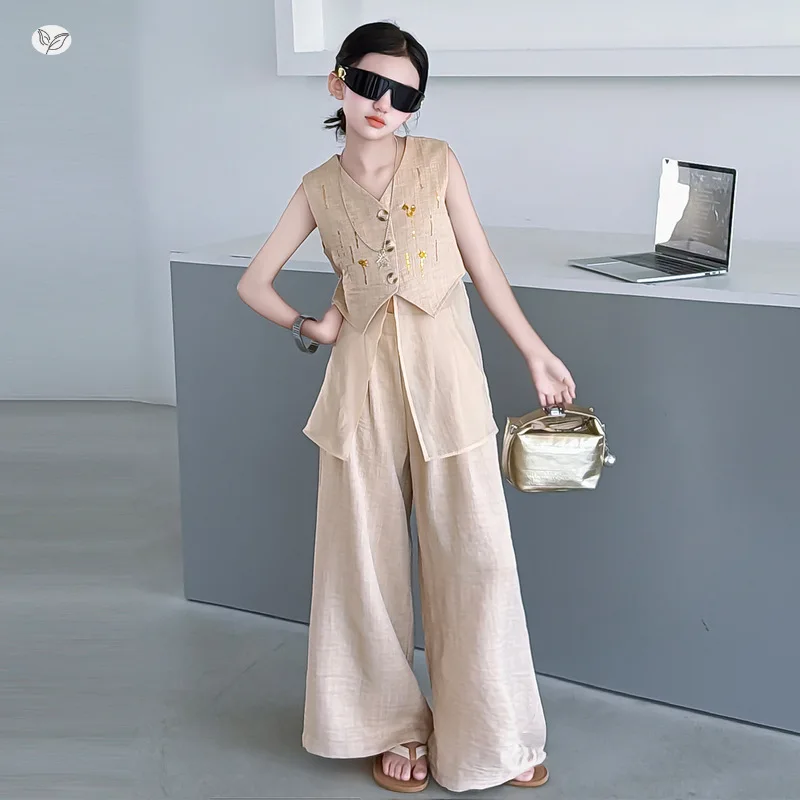 Girls' casual old money style summer set 4-14 years old mesh splicing sequin vest wide leg pants two-piece set