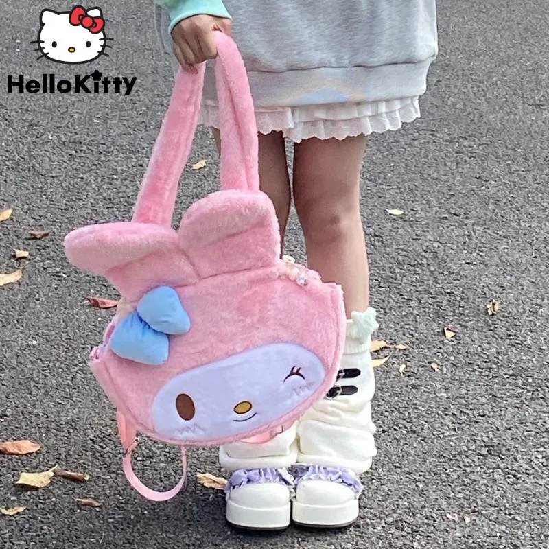 Sanrio Melody Cute Plush Bags Women Casual Tote Girls Handbag Soft Pink Shoulder Bag Y2k Cartoon Japanese Style Fashion Backpack