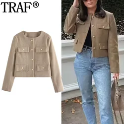 TRAF 2023 Elegant Womens Jackets Cropped Tweed Jacket For Women Autumn Faux Wool Coats And Mixtures Long Sleeve Short Coats