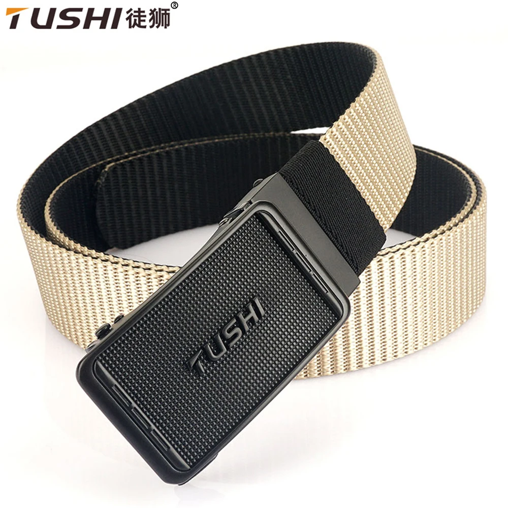 

TUSHI New Man Double-sided Nylon Belt Dragon Rotate Metal Automatic Buckle Canvas Belts for Men Jeans Waistband Bicolor Strap