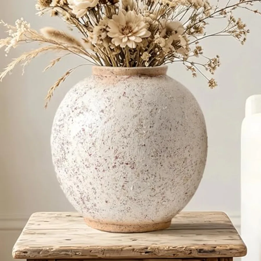 

Large Ceramic Vase, 10.8 inch Rustic Farmhouse Flowers Vase for Home Decor, Red White Speckled Round Tall Vase Indoor for Table
