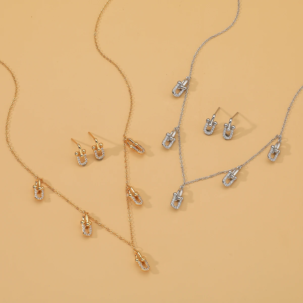 Set anting kalung Choker dapat disesuaikan Zircon tembaga mode baru wanita Set perhiasan pesta pernikahan desain geometik