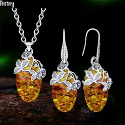 Vintage Look Flower Pendant Simulated Ambers Necklace Earring Sets For Women Antique Silver Plated Eye Shape Fashon Jewelry